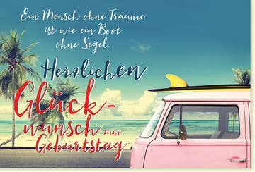 Geburtstagskarte "Strandzauber" - Retro Bulli & Surfbrett, Meer & Sonnenuntergang, mit inspirierender Lebensweisheit
