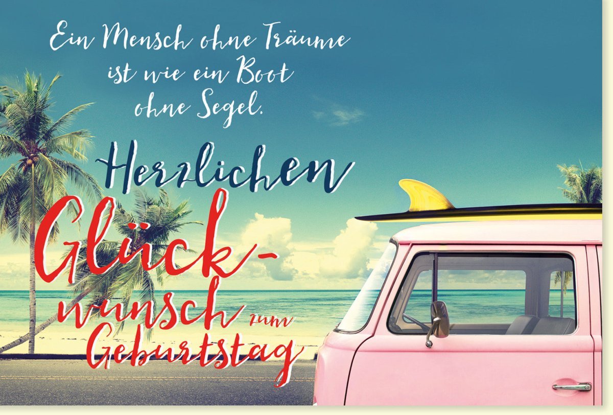 Geburtstagskarte "Strandzauber" - Retro Bulli & Surfbrett, Meer & Sonnenuntergang, mit inspirierender Lebensweisheit