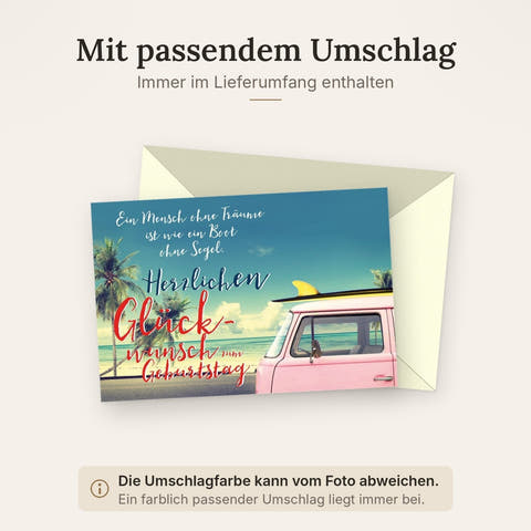 Geburtstagskarte "Strandzauber" - Retro Bulli & Surfbrett, Meer & Sonnenuntergang, mit inspirierender Lebensweisheit
