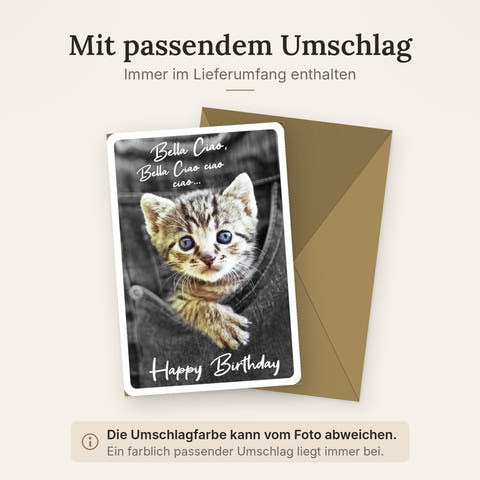 Geburtstagskarte süßes Katzenmotiv Bella Ciao lustige Doppelkarte mit Kätzchen im Jeanshemd originelle Glückwunschkarte Geburtstag