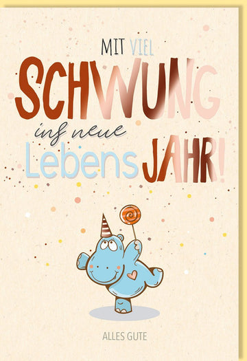 Geburtstagskarte: Süßes Nilpferd mit Lolli auf Zuckerrohrpapier, Bunte Illustration für Kinder & Erwachsene, Ideal für Partys & Geschenke