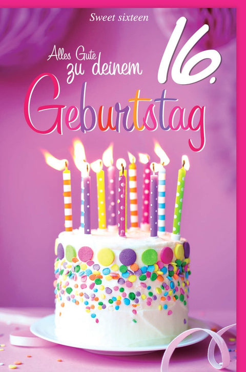 Geburtstagskarte Sweet Sixteen - Party Deko mit Kerzen & Kuchen Motiv für den 16. Geburtstag