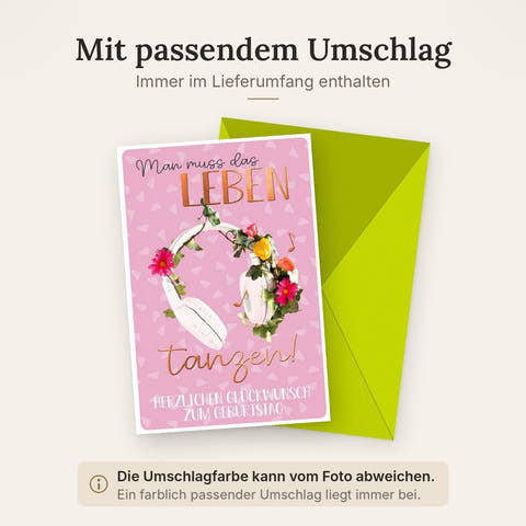 Geburtstagskarte: Tanzendes Leben mit Kopfhörern und Blumen auf rosa Hintergrund - Herzliche Glückwünsche