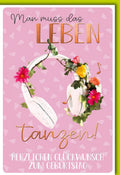 Geburtstagskarte: Tanzendes Leben mit Kopfhörern und Blumen auf rosa Hintergrund - Herzliche Glückwünsche