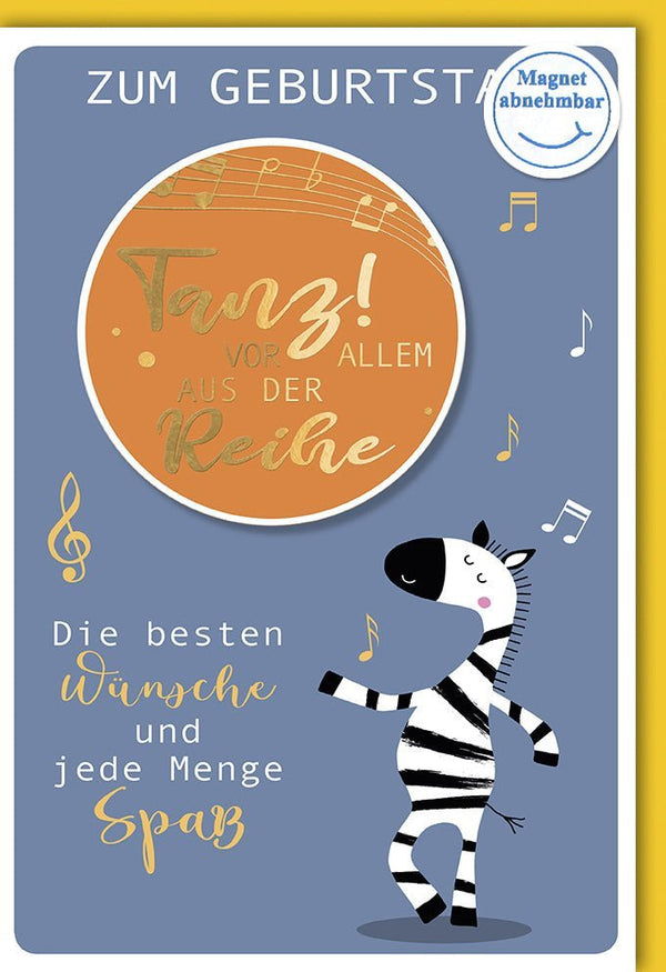 Geburtstagskarte: Tanzendes Zebra mit Musik - Lustige Magnet-Illustration für die Feier