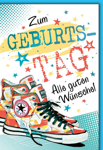 Geburtstagskarte Teenager – Bunte Sneakers mit Pop - Art Sternen und dynamischem Design