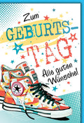 Geburtstagskarte Teenager – Bunte Sneakers mit Pop-Art Sternen und dynamischem Design