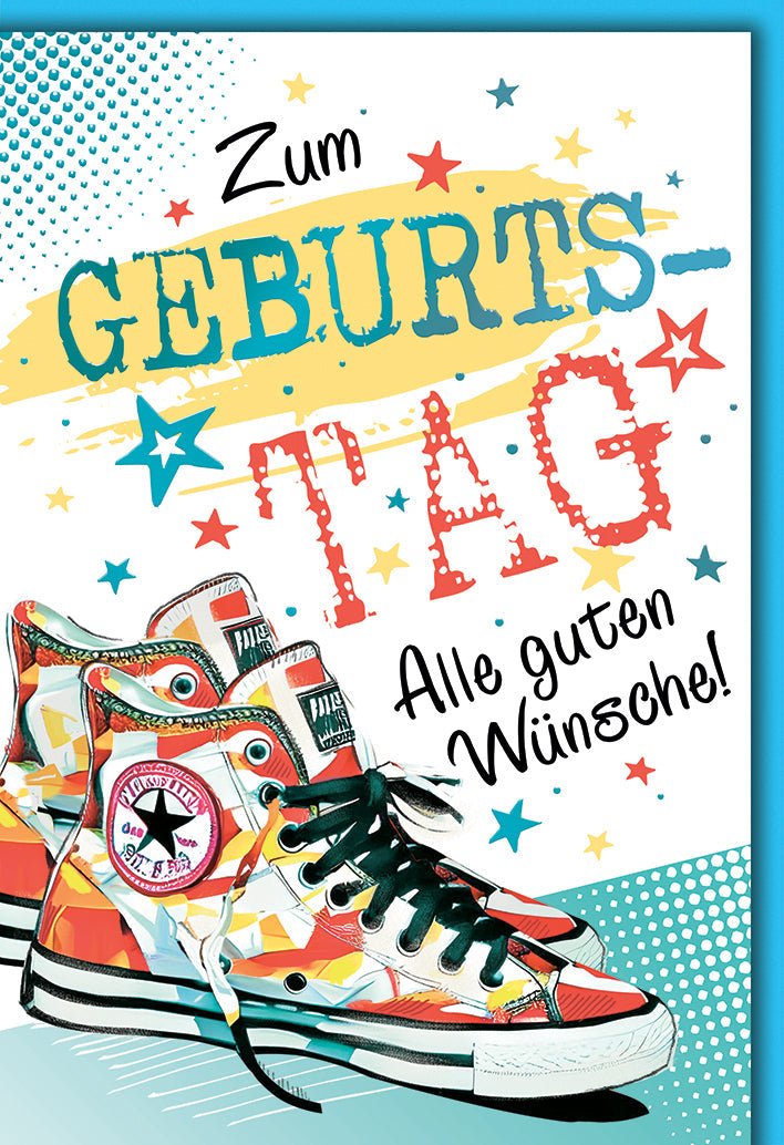 Geburtstagskarte Teenager – Bunte Sneakers mit Pop - Art Sternen und dynamischem Design