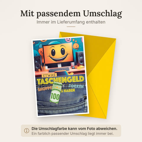 Geburtstagskarte Teenager – Gaming-Motiv mit Smiley und Geldscheinhalter in Jeansoptik