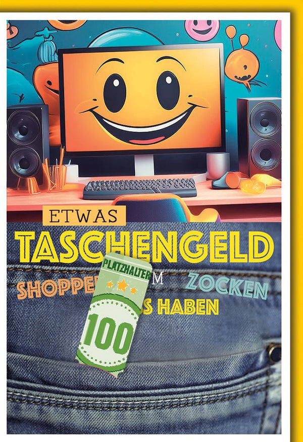 Geburtstagskarte Teenager – Gaming-Motiv mit Smiley und Geldscheinhalter in Jeansoptik