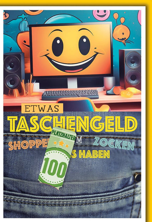 Geburtstagskarte Teenager – Gaming - Motiv mit Smiley und Geldscheinhalter in Jeansoptik