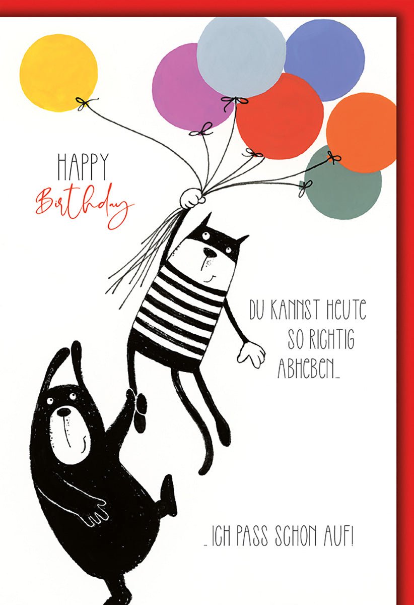 Geburtstagskarte Tiere – Lustige Katzen mit bunten Ballons und humorvollem Spruch