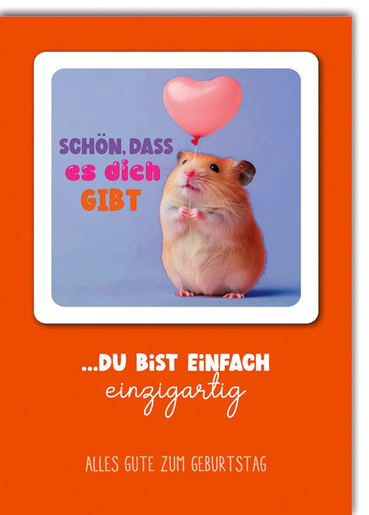 Geburtstagskarte Tierfreunde – Hamster mit Herzballon und humorvollem Spruch