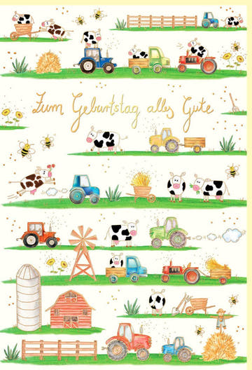 Geburtstagskarte Traktor & Kuh - Naturkarton, Goldfolie, Blindprägung, Bauernhof - Thema für Landwirtschaftsfreunde