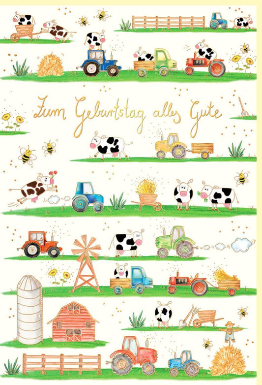 Geburtstagskarte Traktor & Kuh - Naturkarton, Goldfolie, Blindprägung, Bauernhof - Thema für Landwirtschaftsfreunde