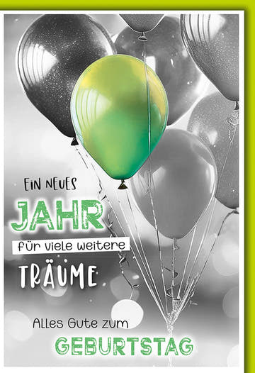 Geburtstagskarte Träume – Grüne und Graue Ballons mit Motivationsspruch in Modernem Stil