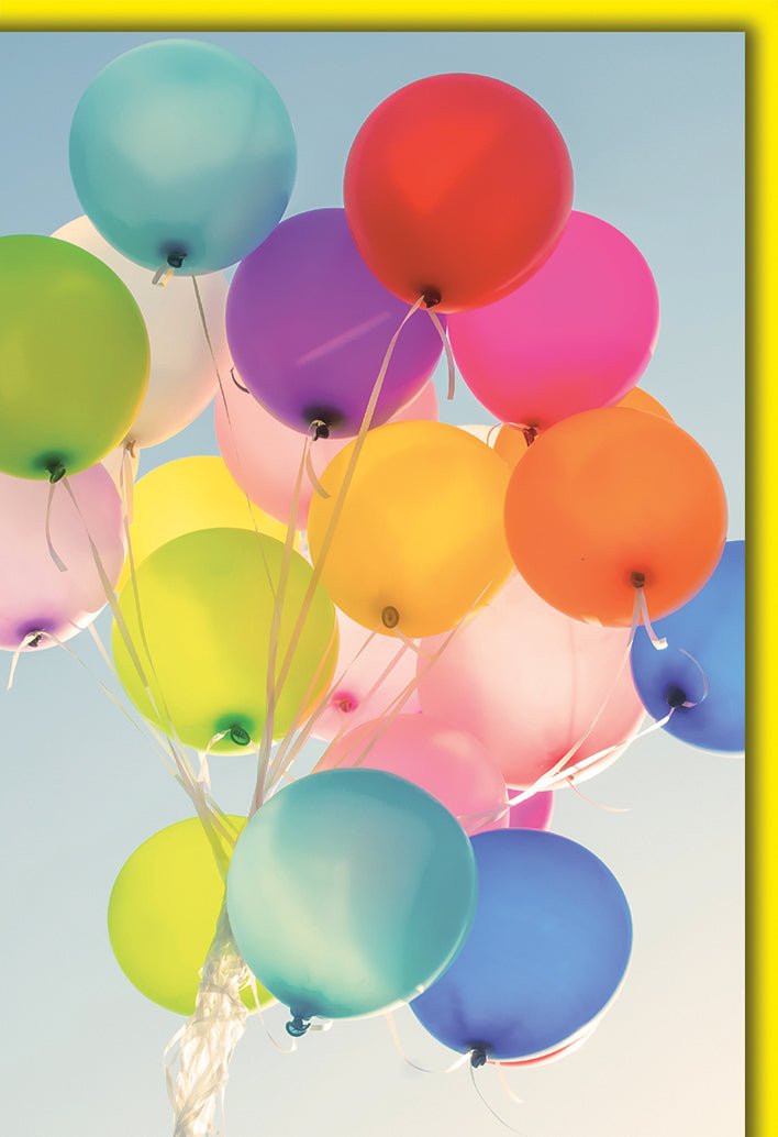 Geburtstagskarte Universal – Bunte Luftballons im Sonnenschein mit gelbem Rand