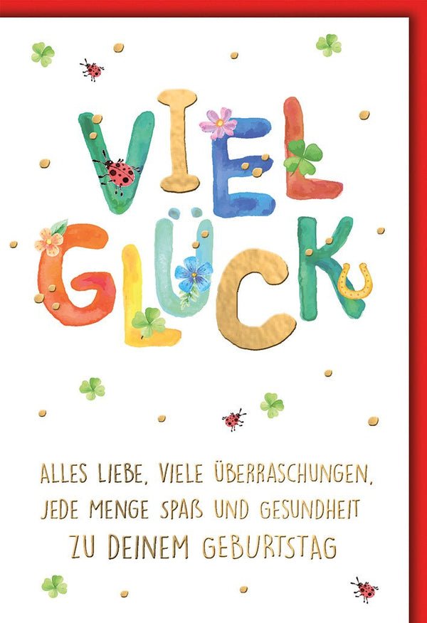 Geburtstagskarte Viel Glück – Bunte Buchstaben mit Marienkäfer und Kleeblatt-Design