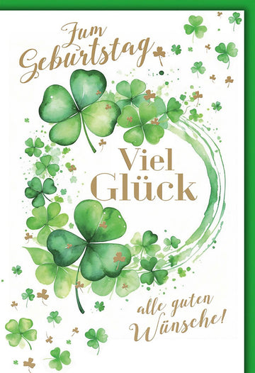 Geburtstagskarte Viel Glück – Grüne Kleeblätter in Aquarell mit Goldakzenten
