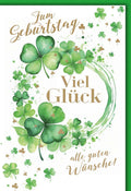 Geburtstagskarte Viel Glück – Grüne Kleeblätter in Aquarell mit Goldakzenten