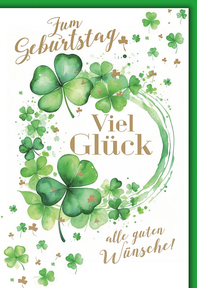 Geburtstagskarte Viel Glück – Grüne Kleeblätter in Aquarell mit Goldakzenten