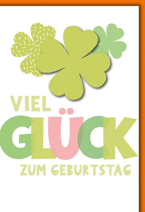 Geburtstagskarte Viel Glück – Grüne Kleeblätter mit modernem Schriftzug und Farbakzent