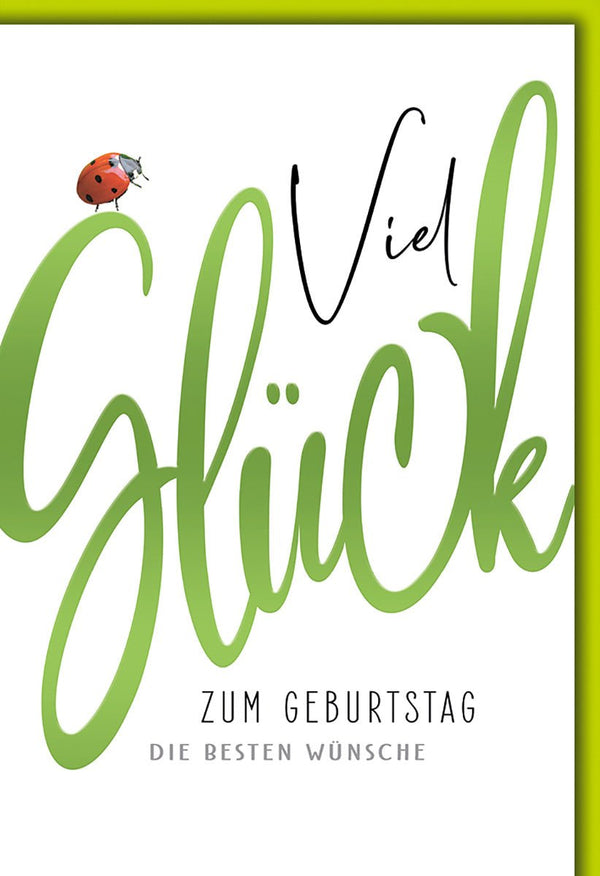 Geburtstagskarte Viel Glück – Grüner Schriftzug mit Marienkäfer und modernem Design