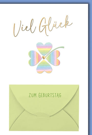 Geburtstagskarte Viel Glück – Regenbogen - Kleeblatt mit Herz und grünem Umschlag