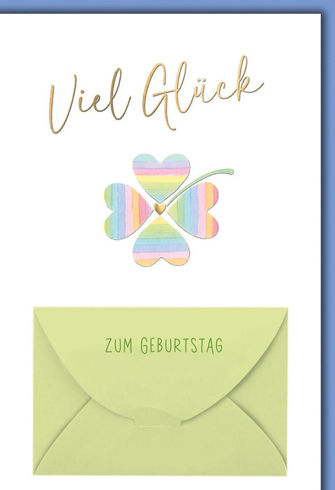 Geburtstagskarte Viel Glück – Regenbogen - Kleeblatt mit Herz und grünem Umschlag