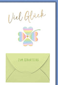 Geburtstagskarte Viel Glück – Regenbogen-Kleeblatt mit Herz und grünem Umschlag