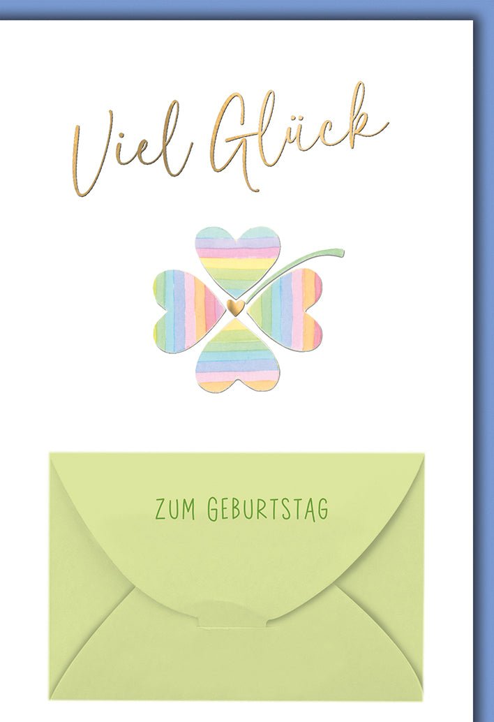 Geburtstagskarte Viel Glück – Regenbogen - Kleeblatt mit Herz und grünem Umschlag