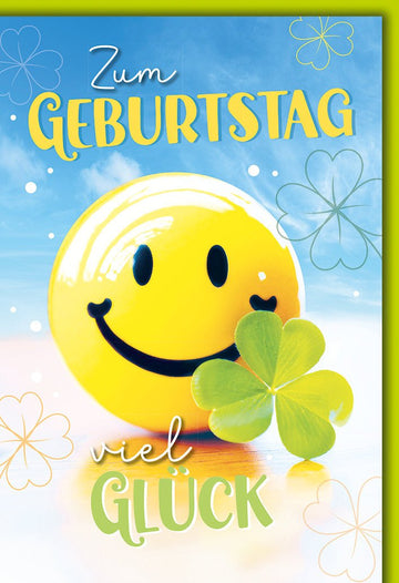 Geburtstagskarte Viel Glück – Smiley mit Kleeblatt und fröhlichem Design