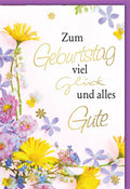 Geburtstagskarte: Viel Glück und alles Gute mit bunten Blumen in Gelb, Lila, Blau und Rosa