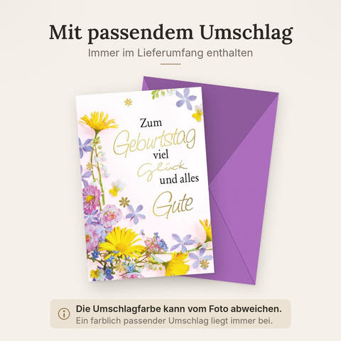 Geburtstagskarte: Viel Glück und alles Gute mit bunten Blumen in Gelb, Lila, Blau und Rosa