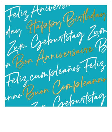 Geburtstagskarte - Vielsprachiges "Happy Birthday" in Goldfolie, Stilvolle Karte in Türkis mit Handschrift - Design