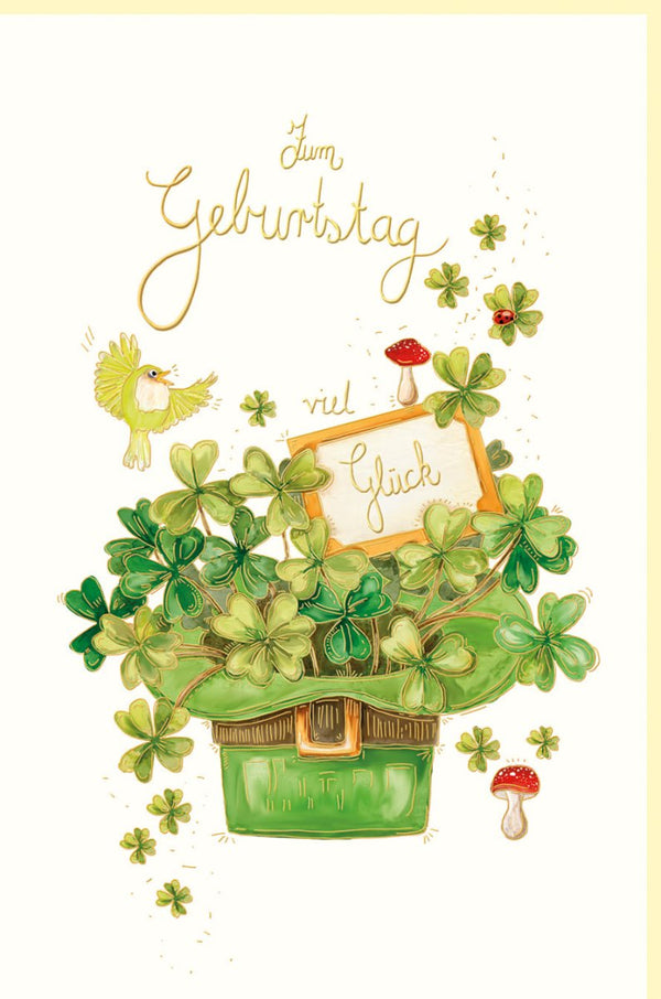 Geburtstagskarte vierblättriges Kleeblatt mit Glückwunsch viel Glück niedlicher Vogel und Pilze handgezeichnete Doppelkarte für Geburtstag