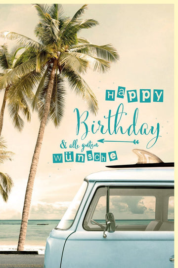 Geburtstagskarte Vintage Auto & Palmen - Retro Strandmotiv mit Tropenflair und Sonnenschein für entspannte Happy Birthday Grüße