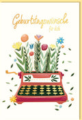 Geburtstagskarte Vintage Schreibmaschine & Blumen, Premium Naturkarton mit Goldfolie, Elegantes Retro-Design für besondere Anlässe