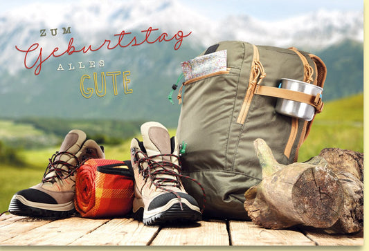 Geburtstagskarte Wandern mit Rucksack Wanderschuhe Karte für Naturfreunde Outdoor Motiv Glückwunschkarte Geburtstag für Männer Frauen