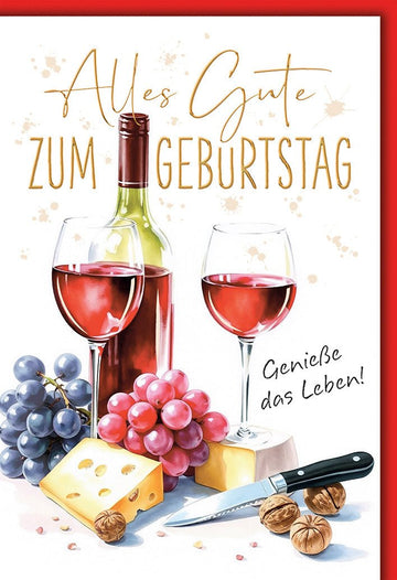Geburtstagskarte Weinliebhaber – Rotweinflasche mit Käse und Trauben Aquarell