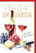Geburtstagskarte Weinliebhaber – Rotweinflasche mit Käse und Trauben Aquarell