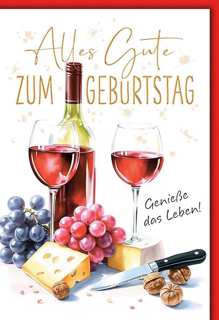 Geburtstagskarte Weinliebhaber – Rotweinflasche mit Käse und Trauben Aquarell