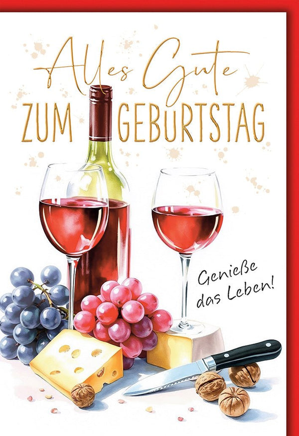 Geburtstagskarte Weinliebhaber – Rotweinflasche mit Käse und Trauben Aquarell