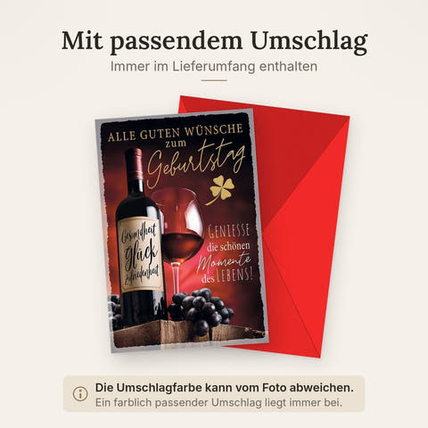 Geburtstagskarte Weinliebhaber – Rotweinflasche mit Trauben und Glücksklee-Design