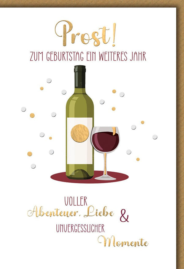 Geburtstagskarte Weinliebhaber – Weinflasche mit Glas und goldenen Akzenten