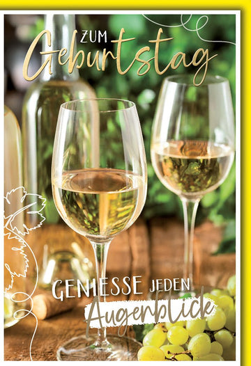 Geburtstagskarte Weinliebhaber – Weißweingläser mit Trauben und rustikalem Flair
