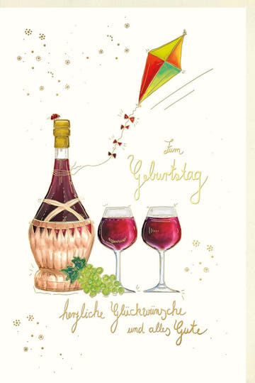 Geburtstagskarte - Weinmotiv mit Champagner & Trauben, Naturkarton, Herzliche Glückwünsche, Feierliches Design