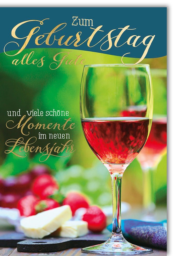 Geburtstagskarte - Weinmotiv mit Rotwein & Beeren, Sommergarten - Design für eine fröhliche Feier, Cheers Celebration