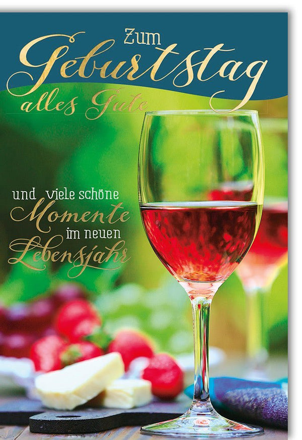 Geburtstagskarte - Weinmotiv mit Rotwein & Beeren, Sommergarten-Design für eine fröhliche Feier, Cheers Celebration