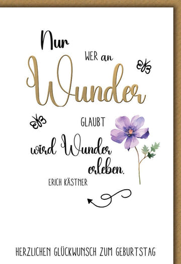 Geburtstagskarte Zitat – Aquarellblume mit Erich Kästner Spruch und Schmetterlingen